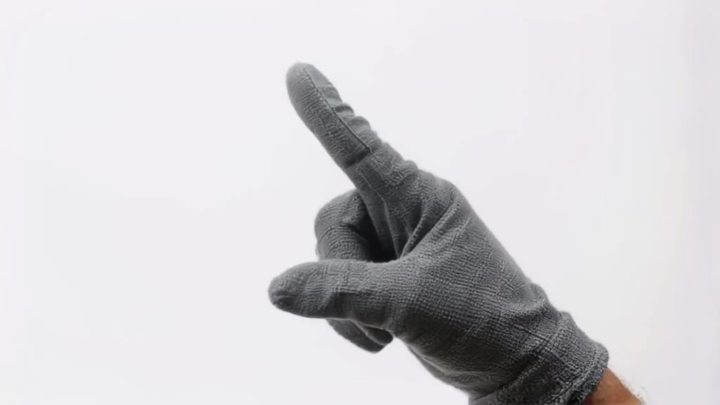 Product shot style: A pair of gardening gloves neatly folded. One glove wiggles an index …