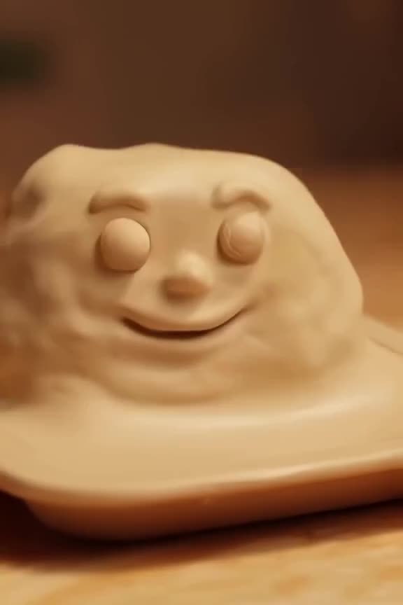 Claymation style. A squishy, beige school lunch tray slowly morphs into a smiling face. T…