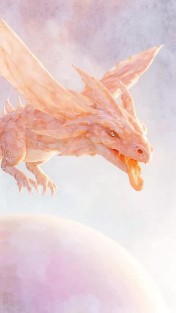 A watercolor-style dragon made of flowing ink breathes fire that looks like warm, orange …