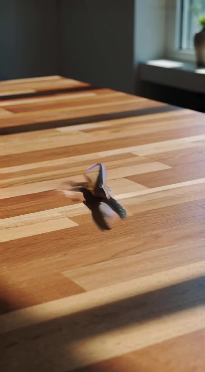 A pair of scissors flicks its blades in a rhythmic breakdance motion on a desk. Sunlight …