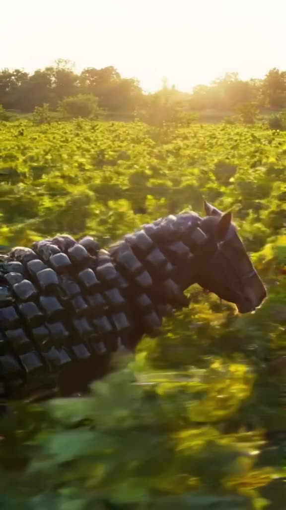 A horse made of stacked, perfectly aligned wine bottles gallops through a sunlit vineyard…