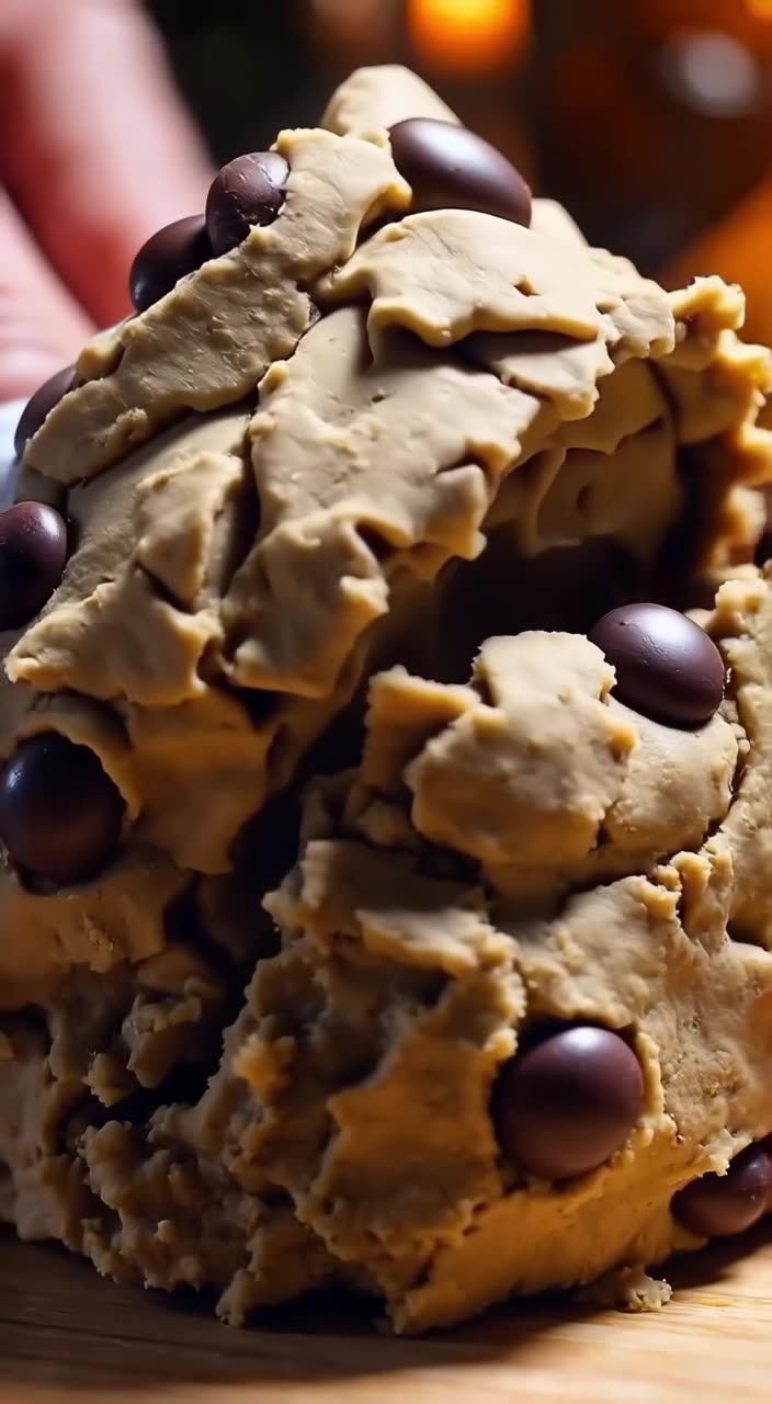 A sneaker made of cracked cookie dough with chocolate chips is cracked open by a fist. Th…