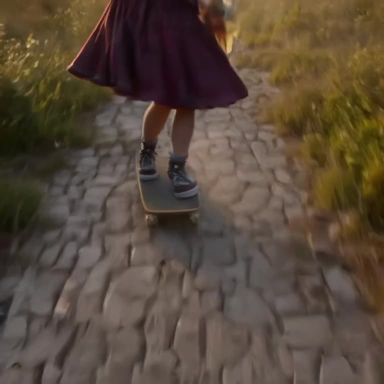 A Viking shield-maiden drops her shield, which bounces comically on a modern skateboard r…
