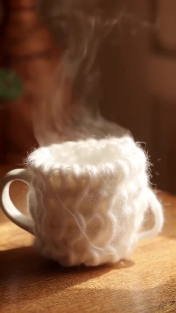 A ball of white yarn knits itself into a perfect cup of steaming coffee. The steam rises …