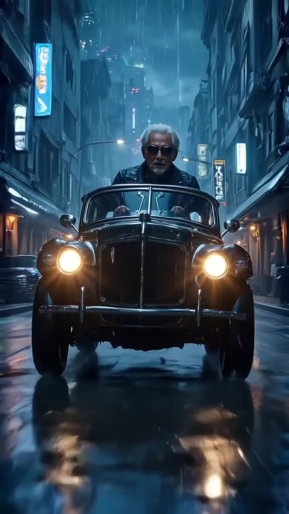 An elderly man with silver hair and dark shades drift-rides a vintage car through a rain-…