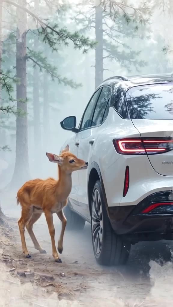 Watercolor animation style of a baby deer standing beside a sleek white electric SUV in a…