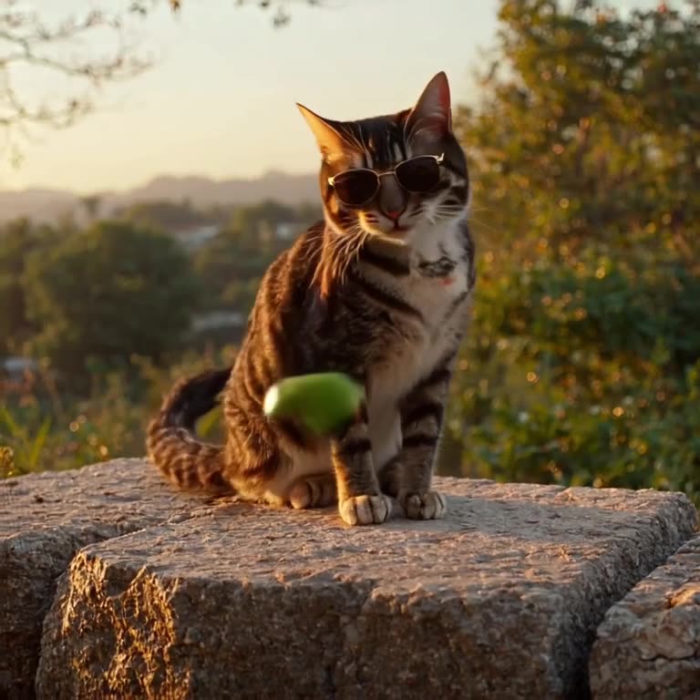 A tuxedo cat in sleek sunglasses sits on a stone wall. A cucumber rolls by, and the cat c…