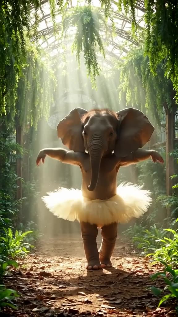 A baby elephant in a tutu dances ballet in a grand, sunlit conservatory with hanging fern…