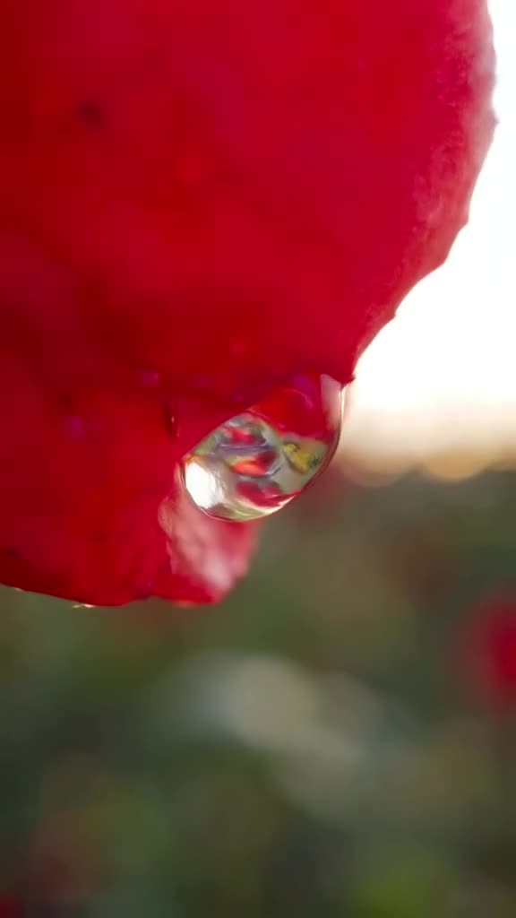 Macro shot of a dewdrop rolling down a bright red rose petal. Inside the droplet, the inv…