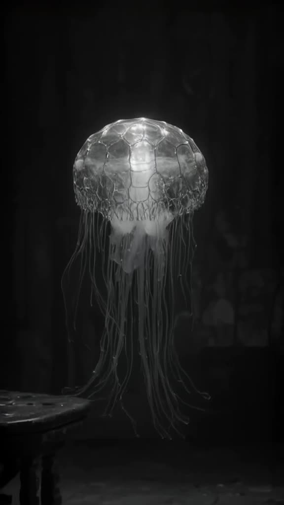 A jellyfish made of stained glass floats through the air in a dark, moody room. Its tenta…