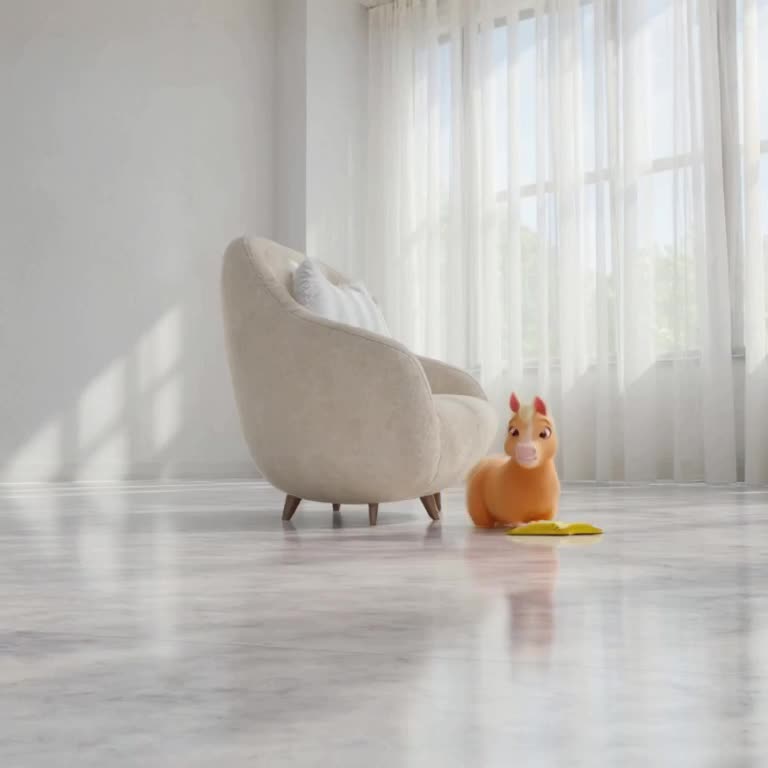 A baby horse slips on a banana peel in a pristine white minimalist living room, sliding s…