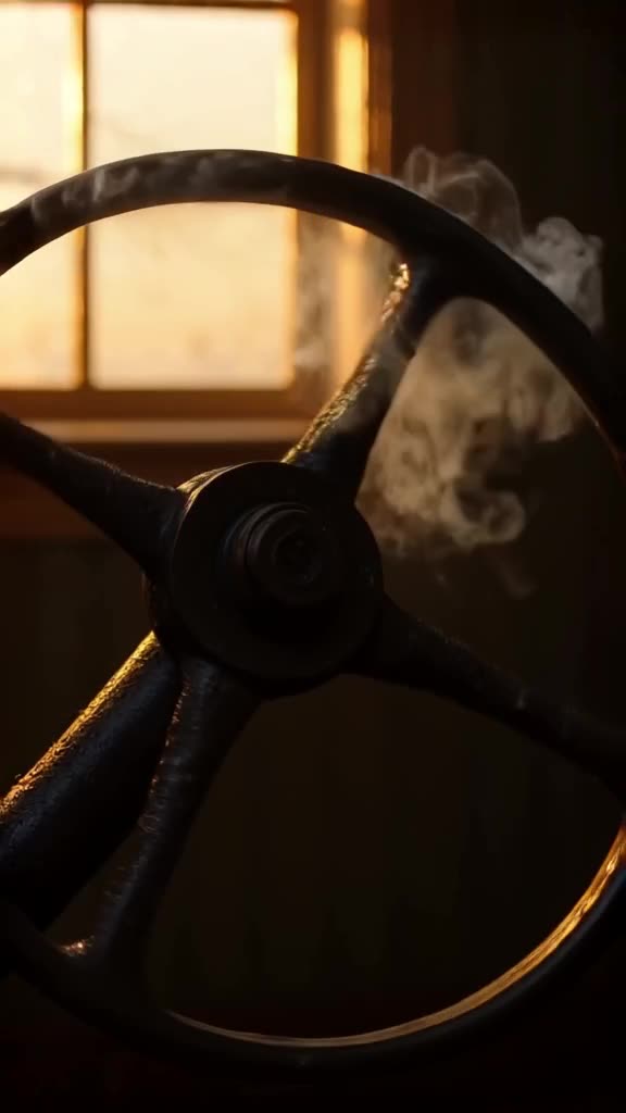 A vintage steering wheel spins slowly by itself, releasing puffs of white smoke that form…