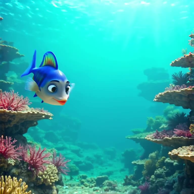 Pixel art underwater scene with colorful coral reefs. A fish swims toward the camera. It …