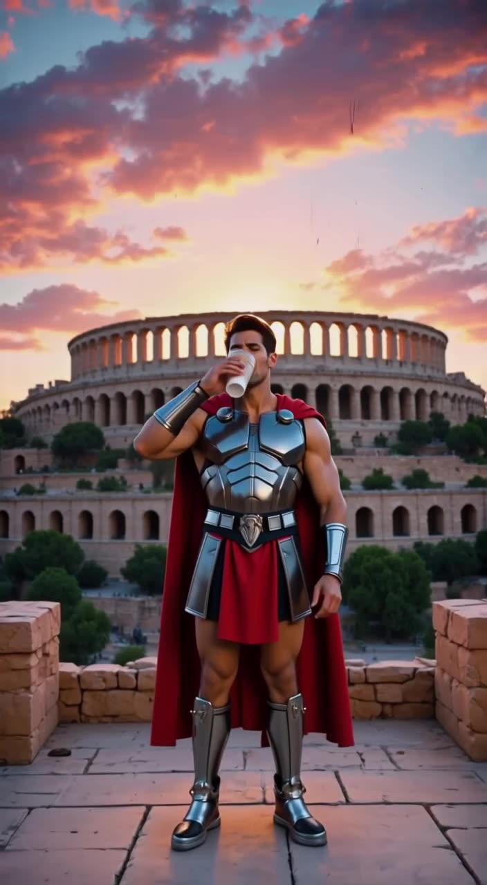 A Spartan warrior in red cape holds a giant iced coffee in the shadow of the Acropolis. H…