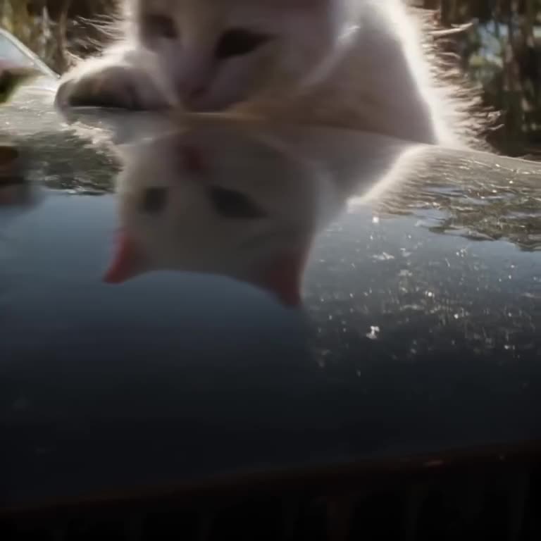 Close-up of a white cat’s face reflected in a shiny racing car hood. A cucumber appears, …