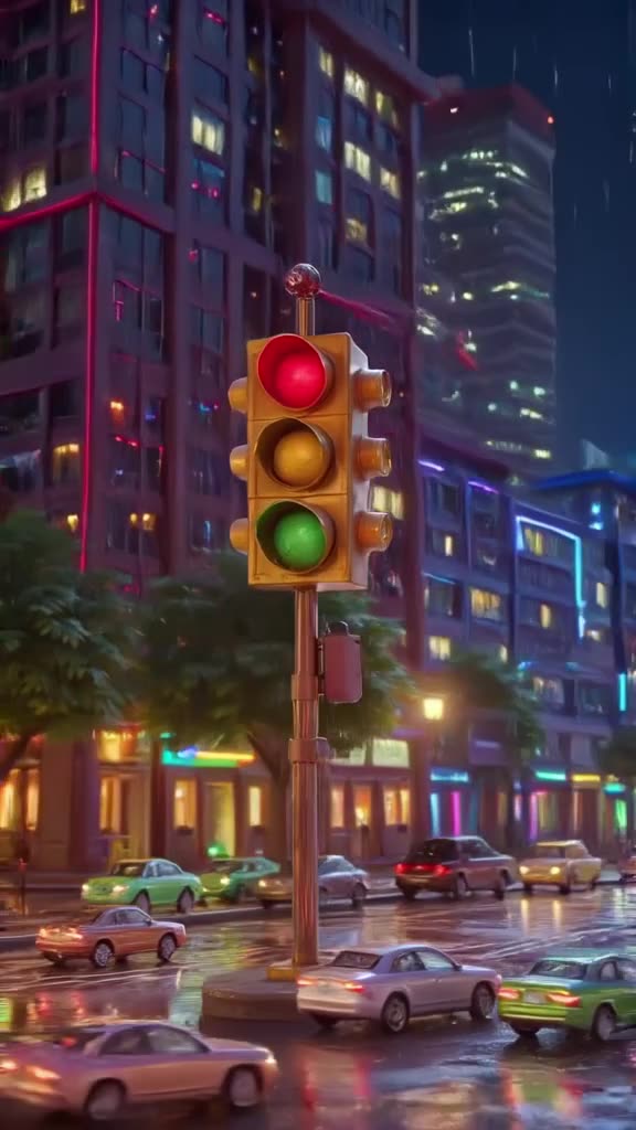 A traffic light swings its red arm like a metronome, conducting the flow of glowing toy c…