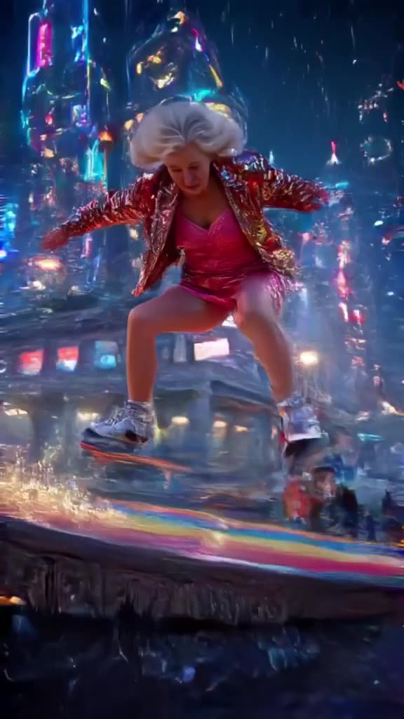 An elegant older woman skateboarding down a rainbow-colored urban ramp, sparks flying fro…