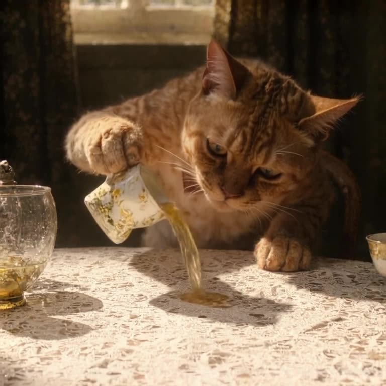 Sphynx cat wearing a bow tie attempts to pour tea into a delicate cup but misses complete…