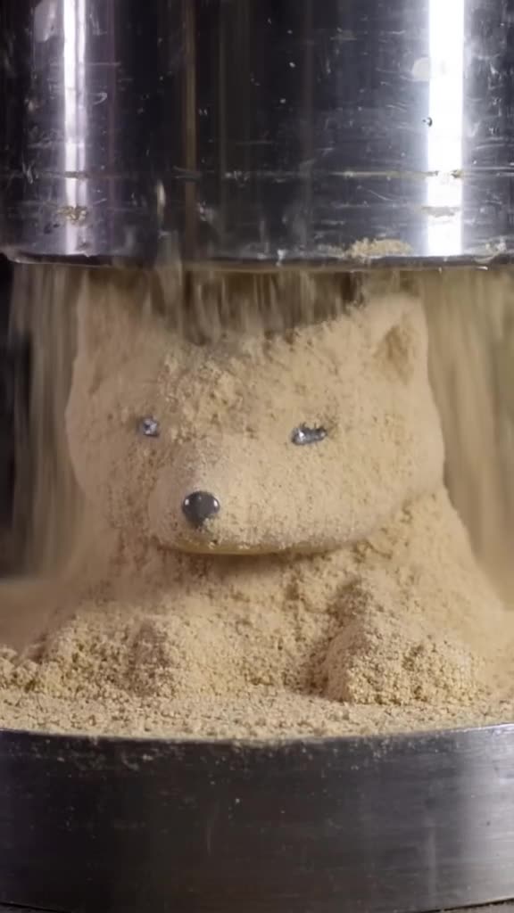 Kinetic sand shaped like an arctic fox is crushed under a clear glass hydraulic press. Du…