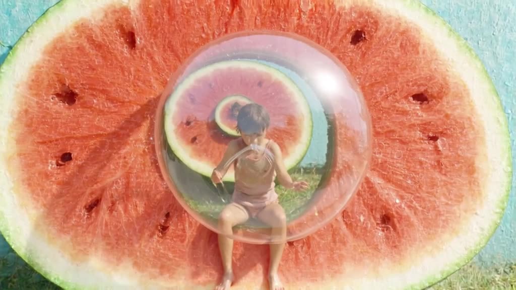 Macro view of a tiny person sitting on a giant slice of watermelon, using a glass pipe to…