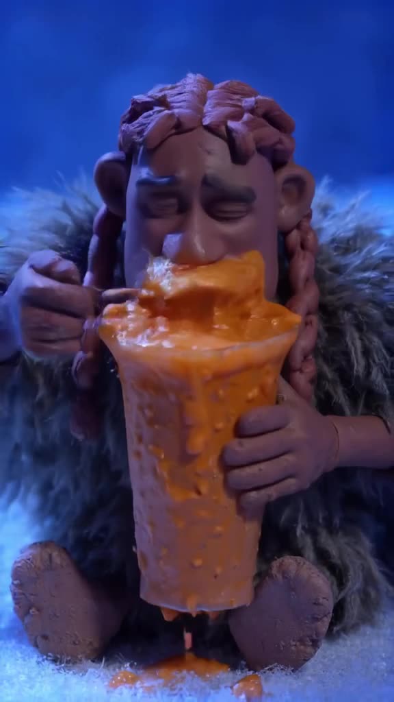 Viking with braids tries to eat a smoothie with a spoon. It’s too thick and splashes onto…