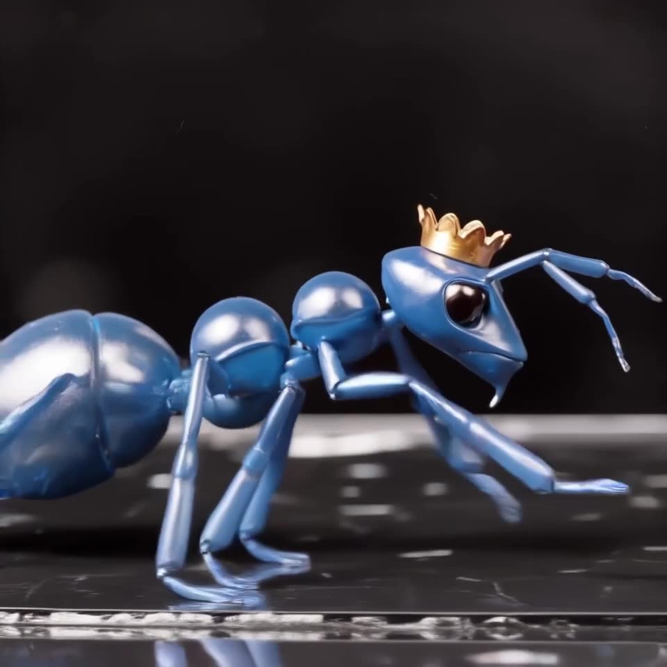 Close-up of an ant wearing a tiny golden crown, marching confidently across a polished ob…