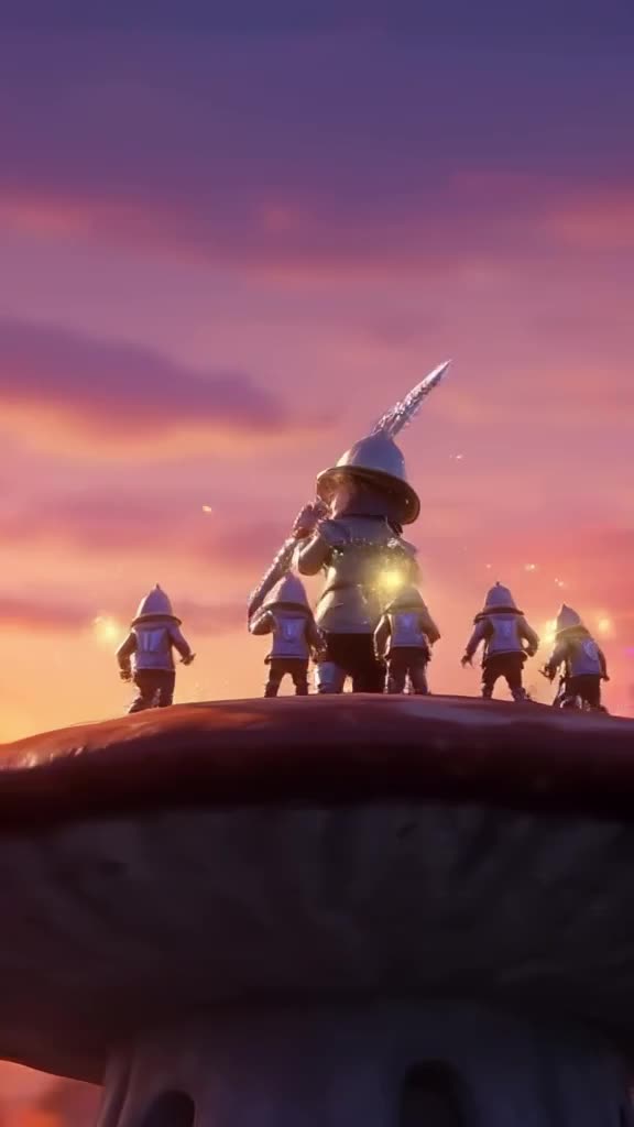 A tiny knight knights a giant mushroom cap with a crystal sword. Glowing spores float in …