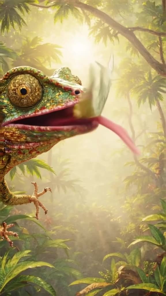 A chameleon extends its tongue to catch a falling leaf in mid-air. The background is a lu…