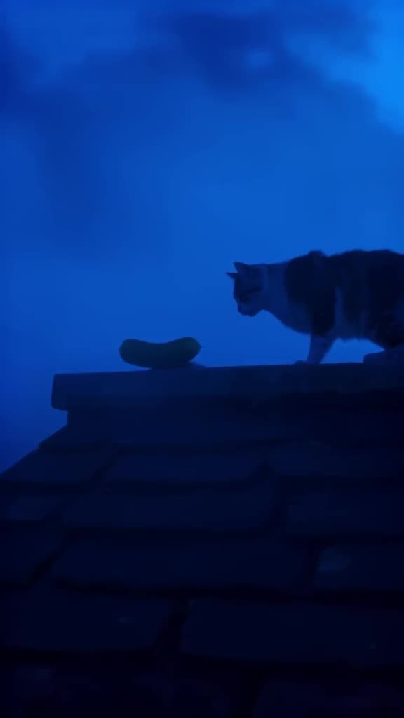 Cinematic twilight, blue hour lighting. A cat on a rooftop looks at a cucumber. It transf…
