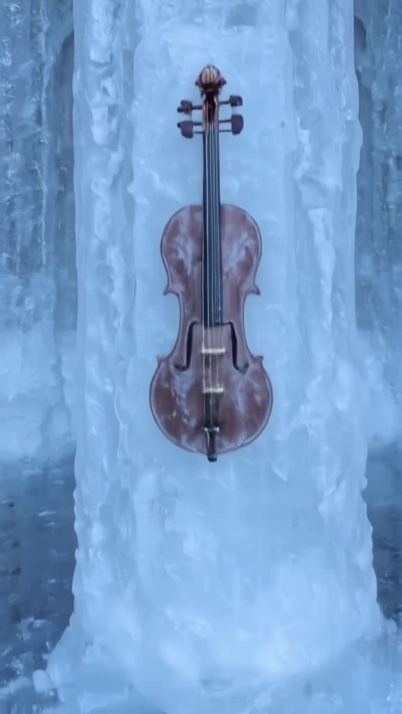 A violin is carved from a single block of ice in a frosty cathedral. Meltwater carves int…