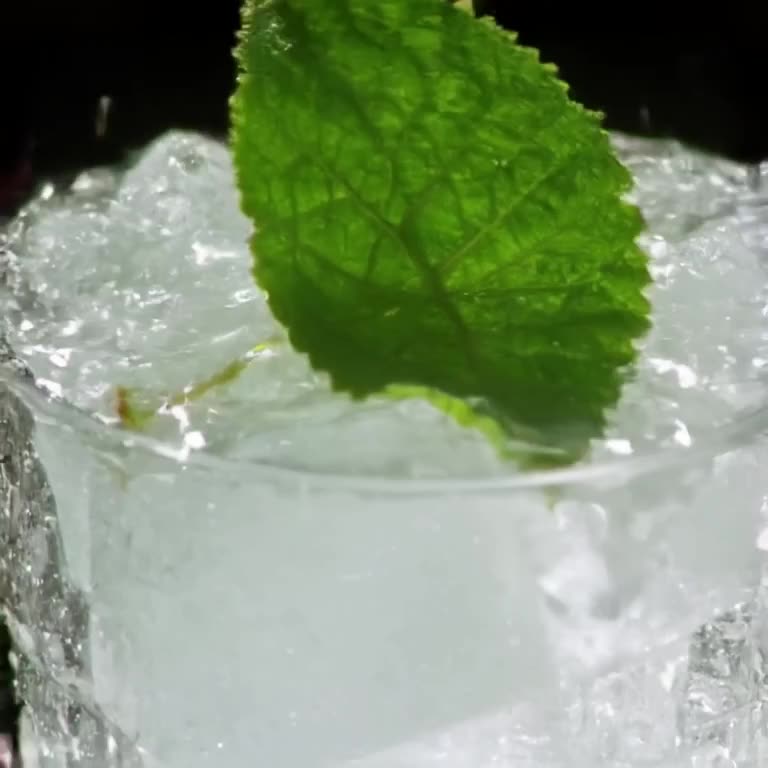A single, fresh mint leaf rests on cold ice cubes in a crystal glass. Condensation drips …