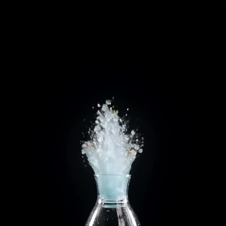 A vase filled with water suddenly vibrates intensely, spraying droplets into the air. Eac…