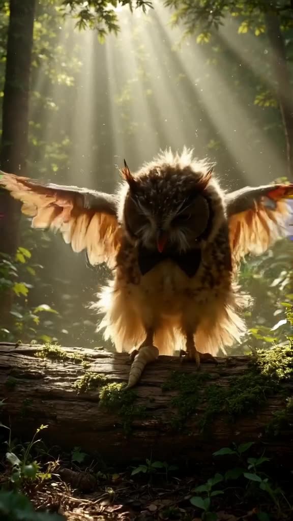 An owl in a bowtie does the worm on a mossy log in a sun-dappled forest. Soft, ethereal n…