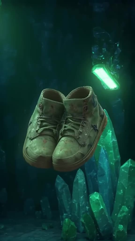 A pair of worn-out sneakers floats in zero-gravity inside a massive, dark cavern illumina…
