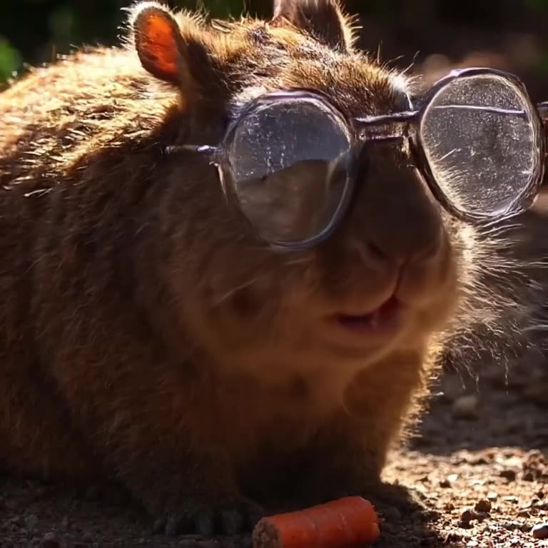 A capybara wears oversized reading glasses, nodding rhythmically to quiet jazz while chew…