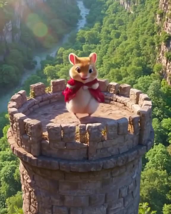 A hamster in a red velvet cape breakdances on a massive stone turret overlooking a lush g…