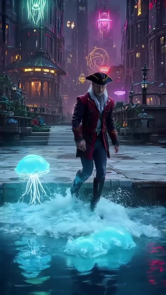 A pirate captain walks on a dock made of white marble. Instead of water, the tide brings …