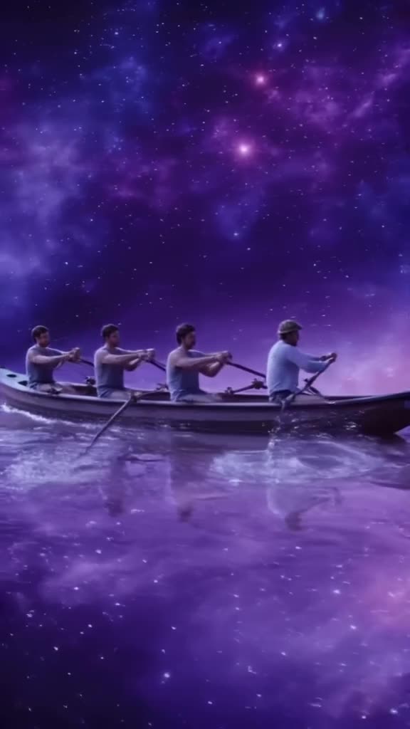 A pirate crew is rowing a boat, but the oars dip into a pool of swirling galaxy ink. Each…