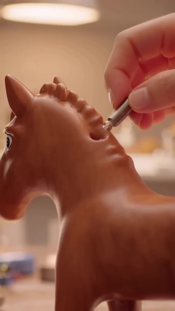 POV: A tiny robot arm carefully glues a jewel onto a wooden toy horse. Macro lens focuses…