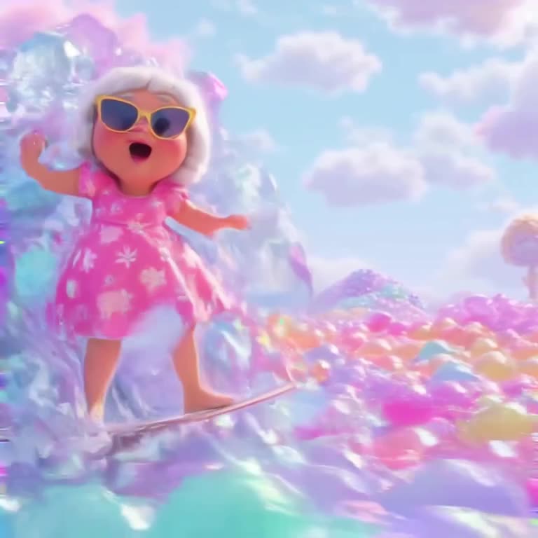 A grandma in cat-eye sunglasses surfs a wave made of giant gelatin cubes in a surreal pas…