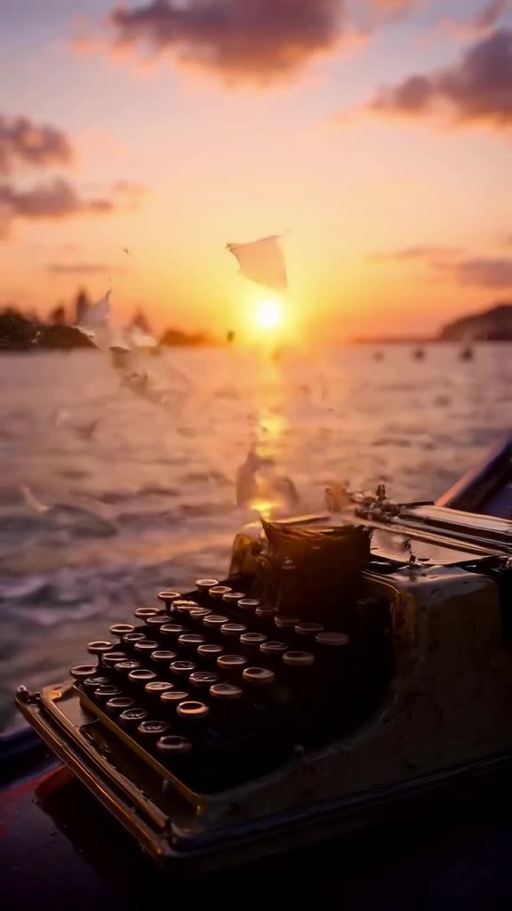 A vintage typewriter sits on a gondola, typing letters that float into the air and turn i…