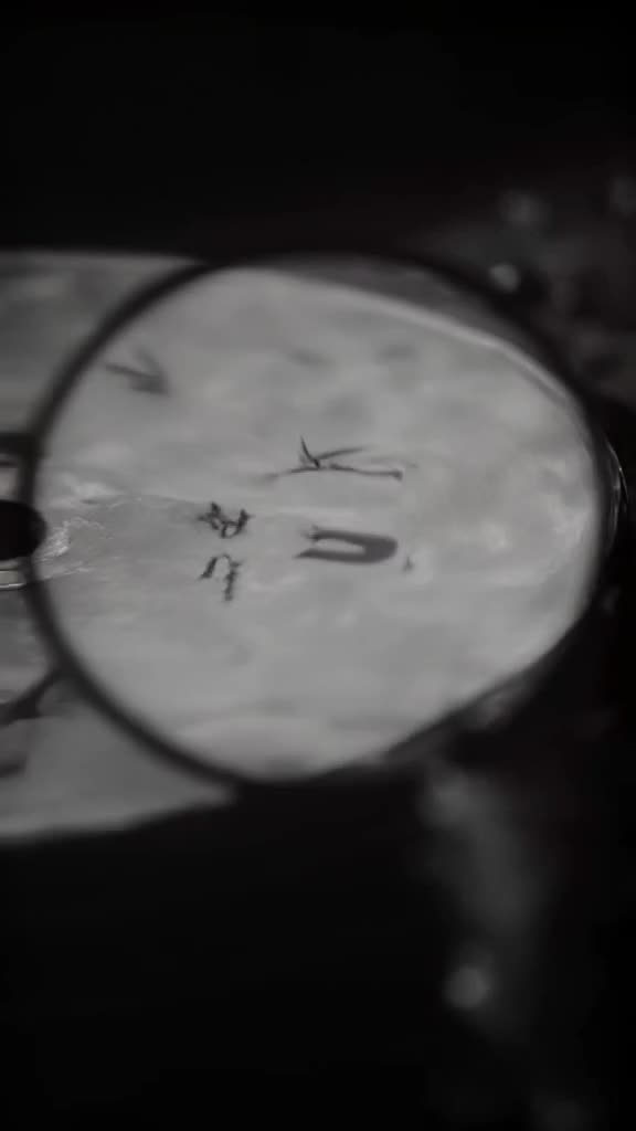 A detective’s magnifying glass inspects a dusty vinyl record, revealing floating musical …
