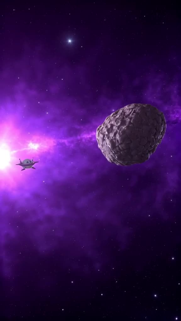 Pixel art space scene with a tiny alien spaceship drifting. It bumps gently into an aster…