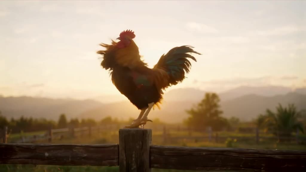 A rooster struts onto a wooden fence post, strikes a pose like a fashion model, and adjus…