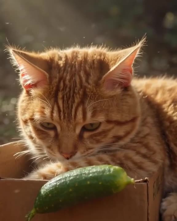 A British Shorthair cat sleeps in a cardboard box labeled 'Equity'. A cucumber rests besi…
