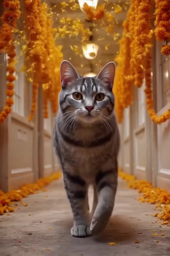 A grey tabby cat walks confidently down a hallway lined with hanging marigold garlands. O…