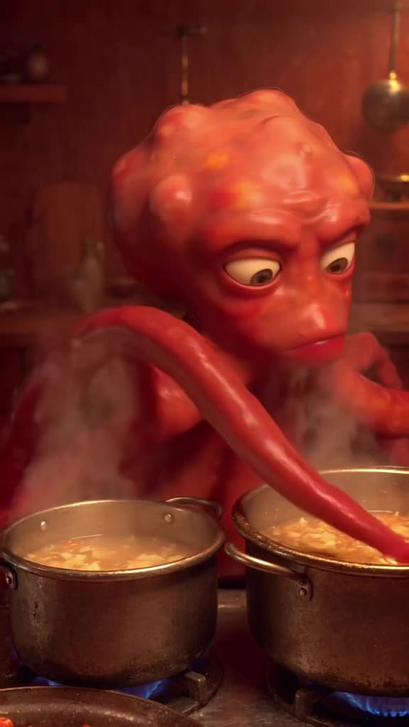 A octopus chef stirs three pots simultaneously with its tentacles. One pot boils over, sp…