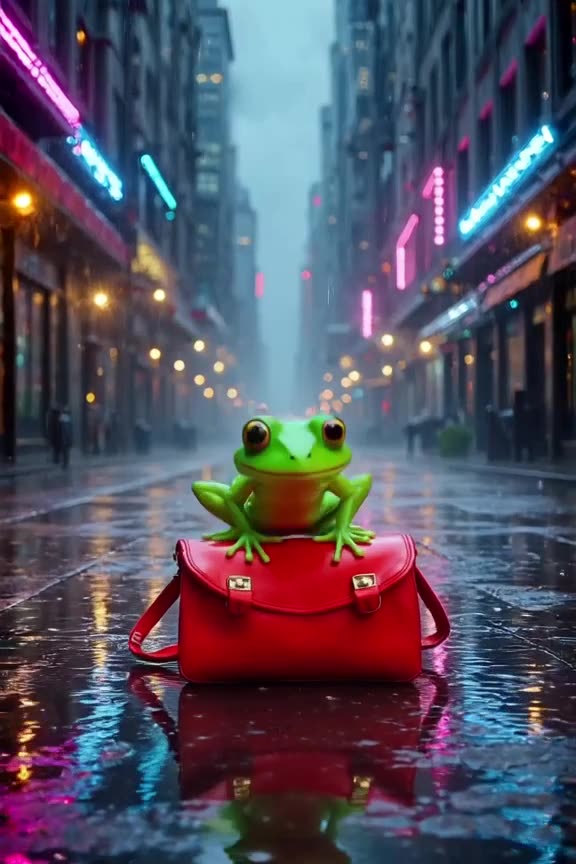 Close-up of a bright red clutch lying on wet pavement after rain. A neon frog hops into f…