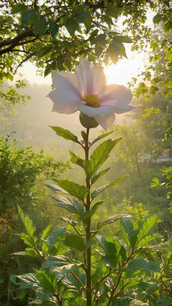 A robot with a flower head opens and closes petals in rhythm to a gentle acoustic guitar …