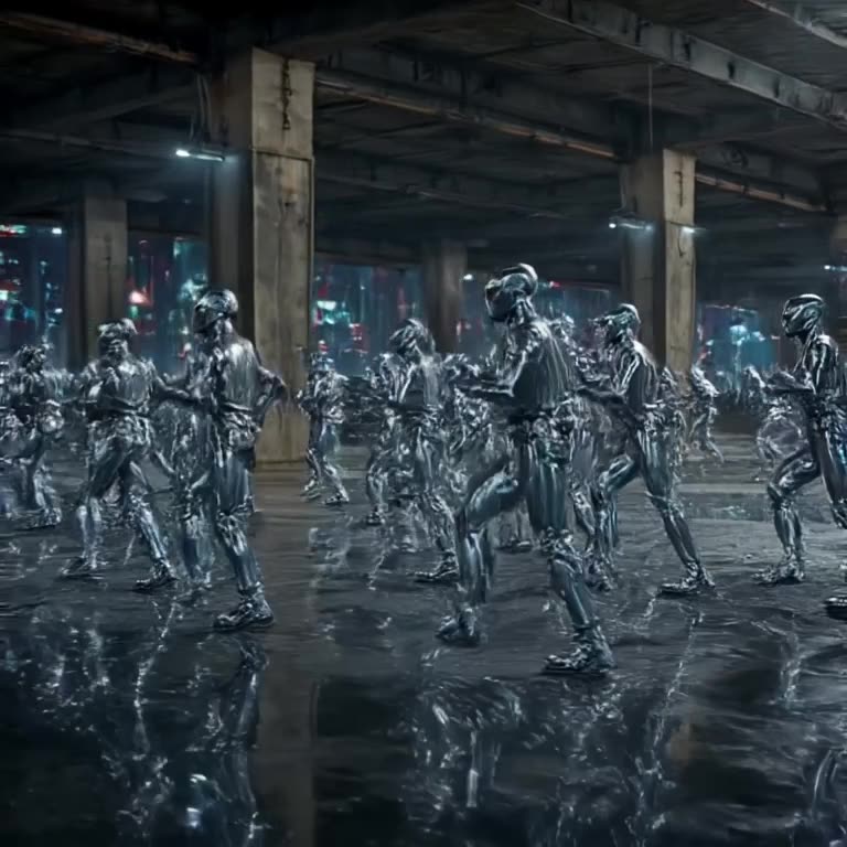 A group of synchronized robots in chrome suits perform a precise military-style dance in …